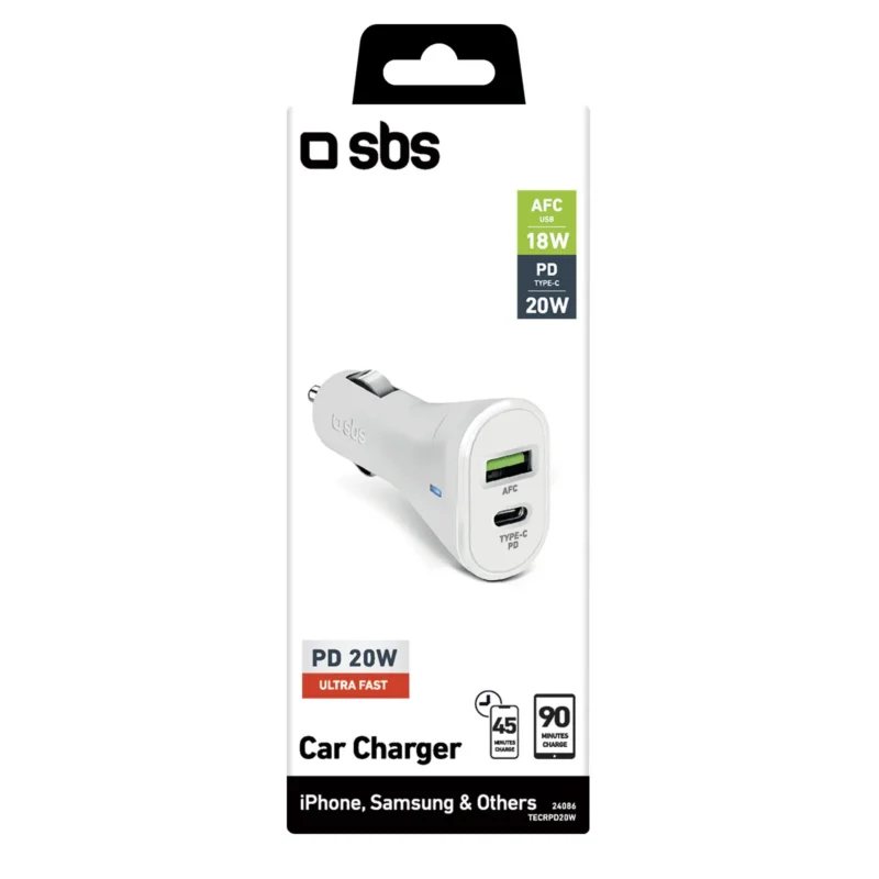 SBS 20W Car charger USB-C PD 20W AND USB-A White - Image 2