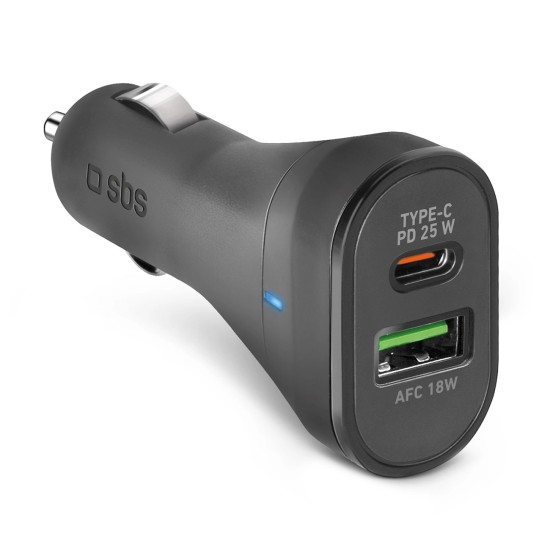 SBS 25W Car charger USB-C 25W AND USB-A 18W Black