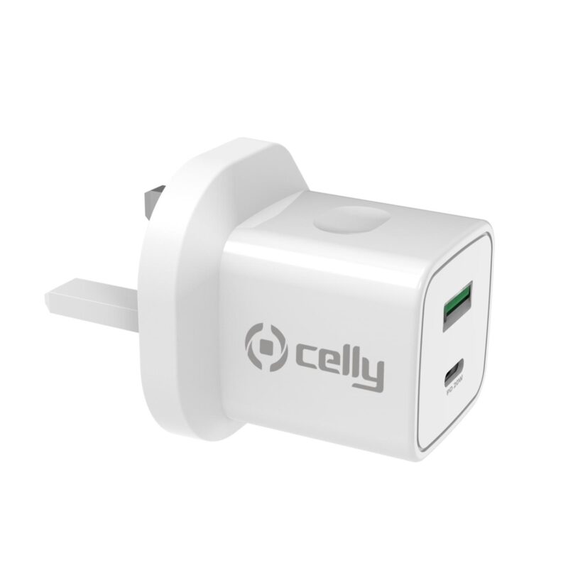 Celly Travel charger 1USB A + 1 USB C 20W WH (No cable) UK plug