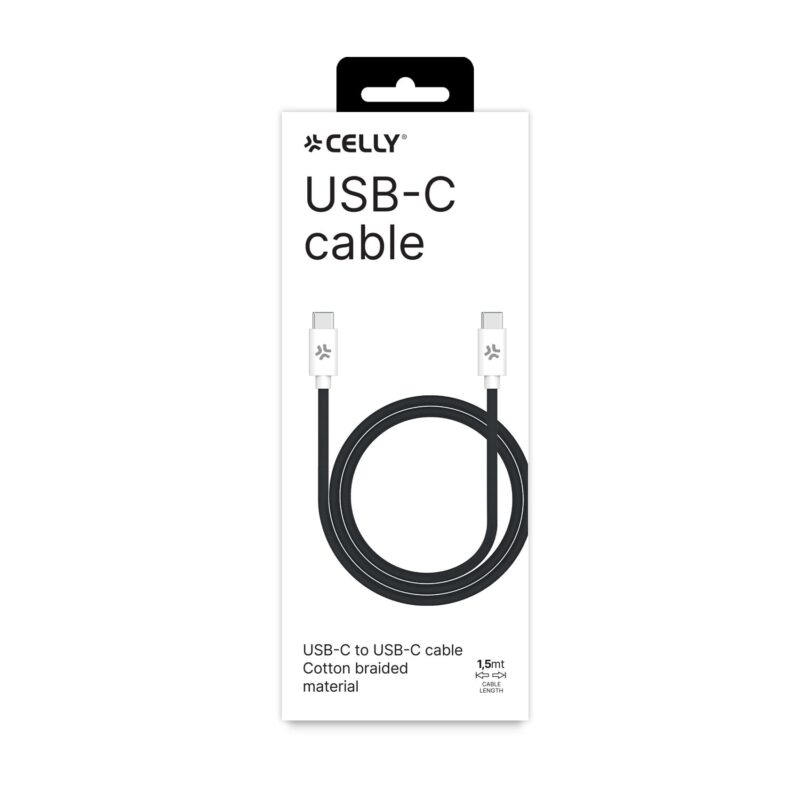 Celly Data Cable USB-C to USB-C (Cotton) 100W (1.5m) Black - Image 2
