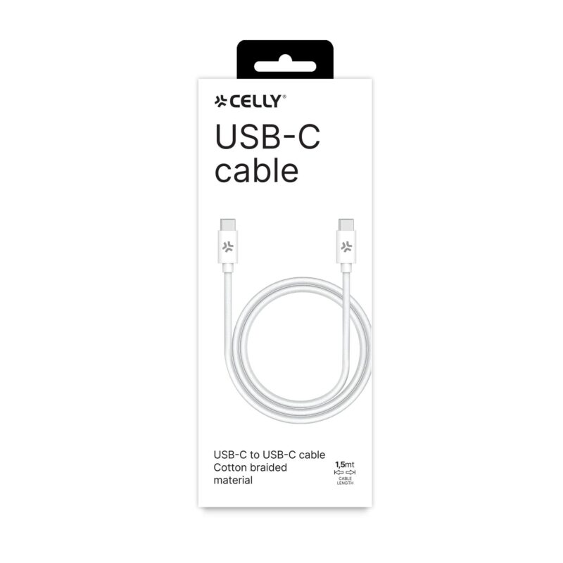 Celly Data Cable USB-C to USB-C (Cotton) 100W (1.5m) White - Image 2