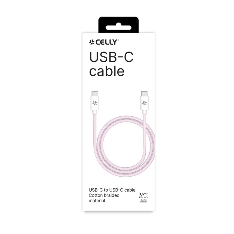 Celly Data Cable USB-C to USB-C (Cotton) 100W (1.5m) Pink - Image 2