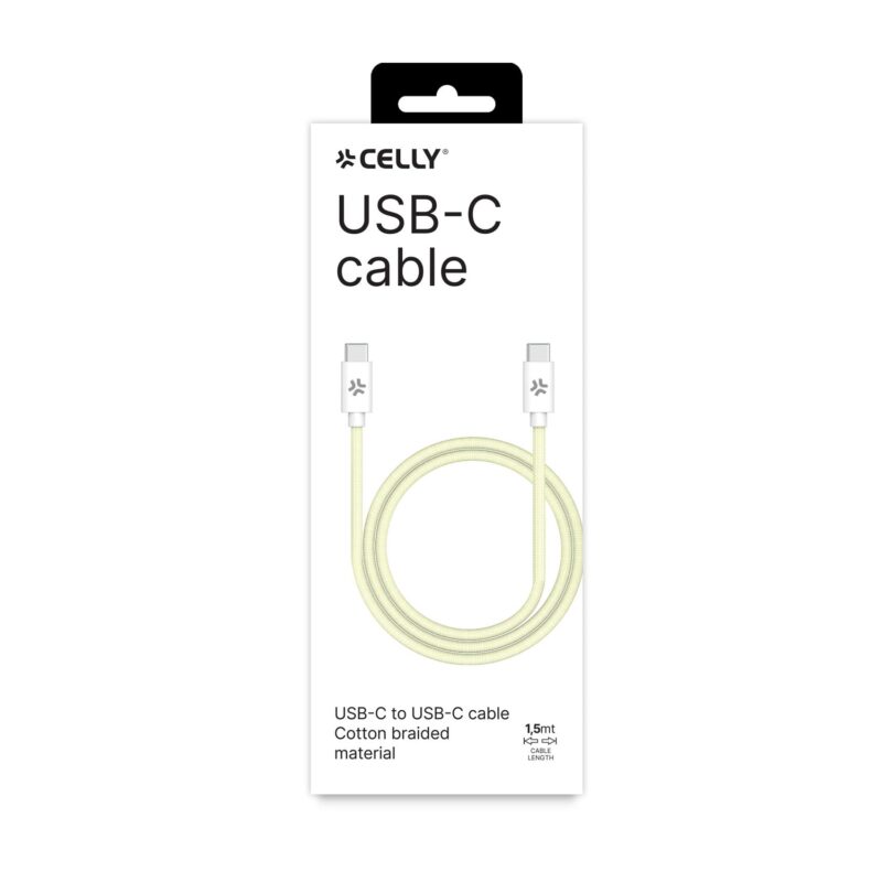 Celly Data Cable USB-C to USB-C (Cotton) 100W (1.5m) Yellow - Image 2