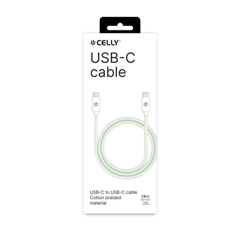 Celly Data Cable USB-C to USB-C (Cotton) 100W (1.5m) Green - Image 2