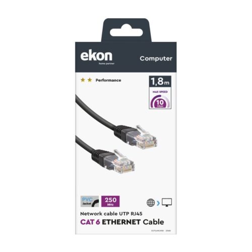 EKON PC UTP patch cable Cat 6 black color, RJ45 connector, cable length 1.8 m. 500 MHz.  Golden plated connector. 500 MH - Image 2