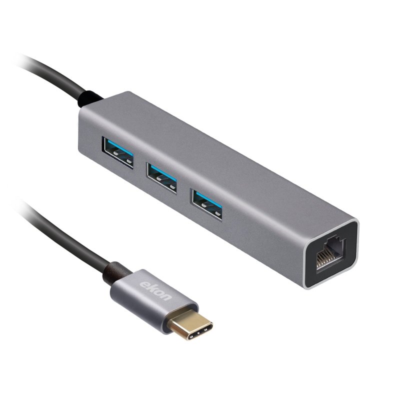EKON Hub Type C M a 3 USB 3.0 F e 1 RJ45 1000M, alluminium