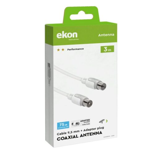 EKON antenna cable 9,5 mm male to 9,5 mm female, white color,cable length 3 m + coax adapter male-male, 75dB - Image 2