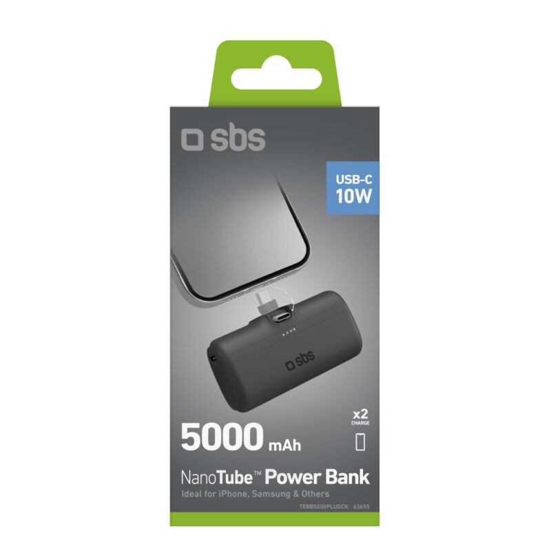 SBS Powerbank Nano Tube 5.000mAh with type-C male + type-c female, with cable and integrated stand 10W - Image 2