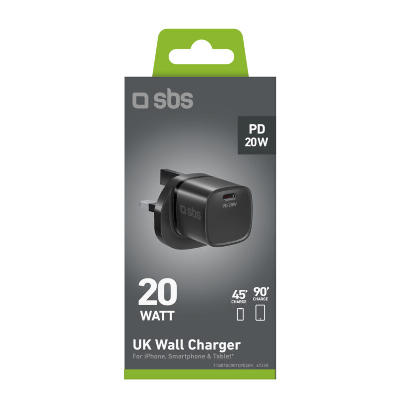 SBS Charger with USB-C port, 20W power, and UK plug - Image 2