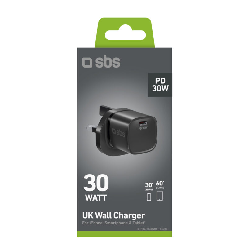 SBS Charger with USB-C port, 30W power, and UK plug - Image 2