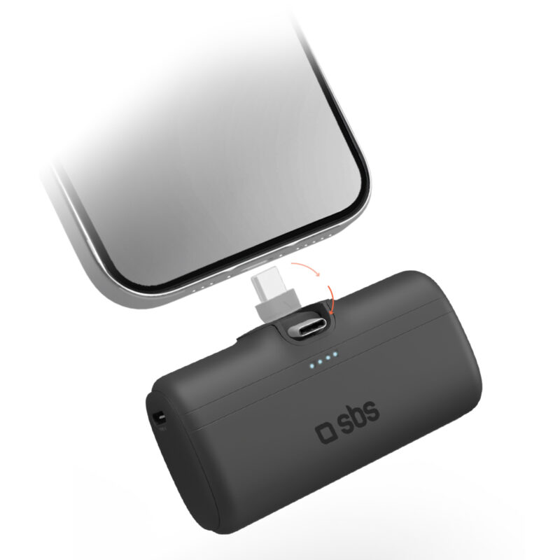 SBS Powerbank Nano Tube 5.000mAh with type-C male + type-c female, with cable and integrated stand 10W