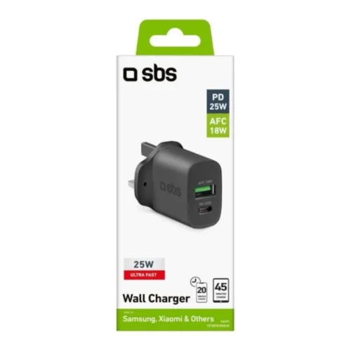 SBS Travel charger 25W 2 ports USB-C and USB- A Black - Image 2