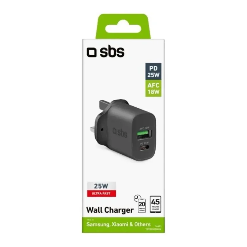SBS Travel charger 25W 2 ports USB-C and USB- A Black - Image 2