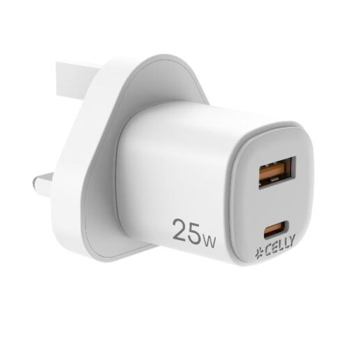 Celly Travel Charger USB-C & USB-A 25W GaN UK Plug White