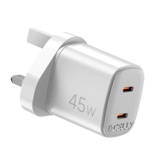 Celly Travel Charger 2xUSB-C 45W GaN UK Plug White