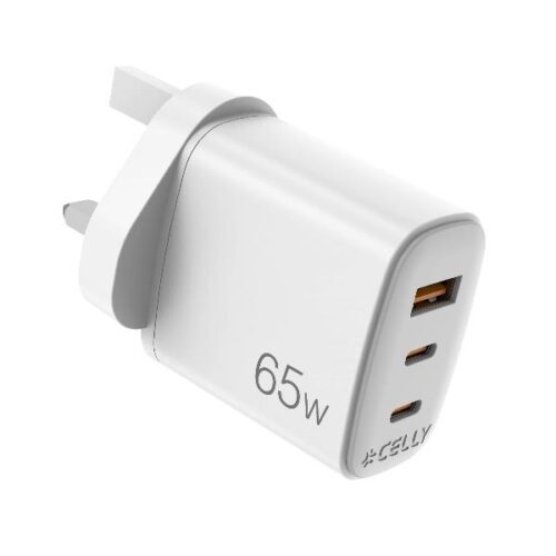 Celly Travel Charger 2xUSB-C & USB-A 65W GaN UK Plug White